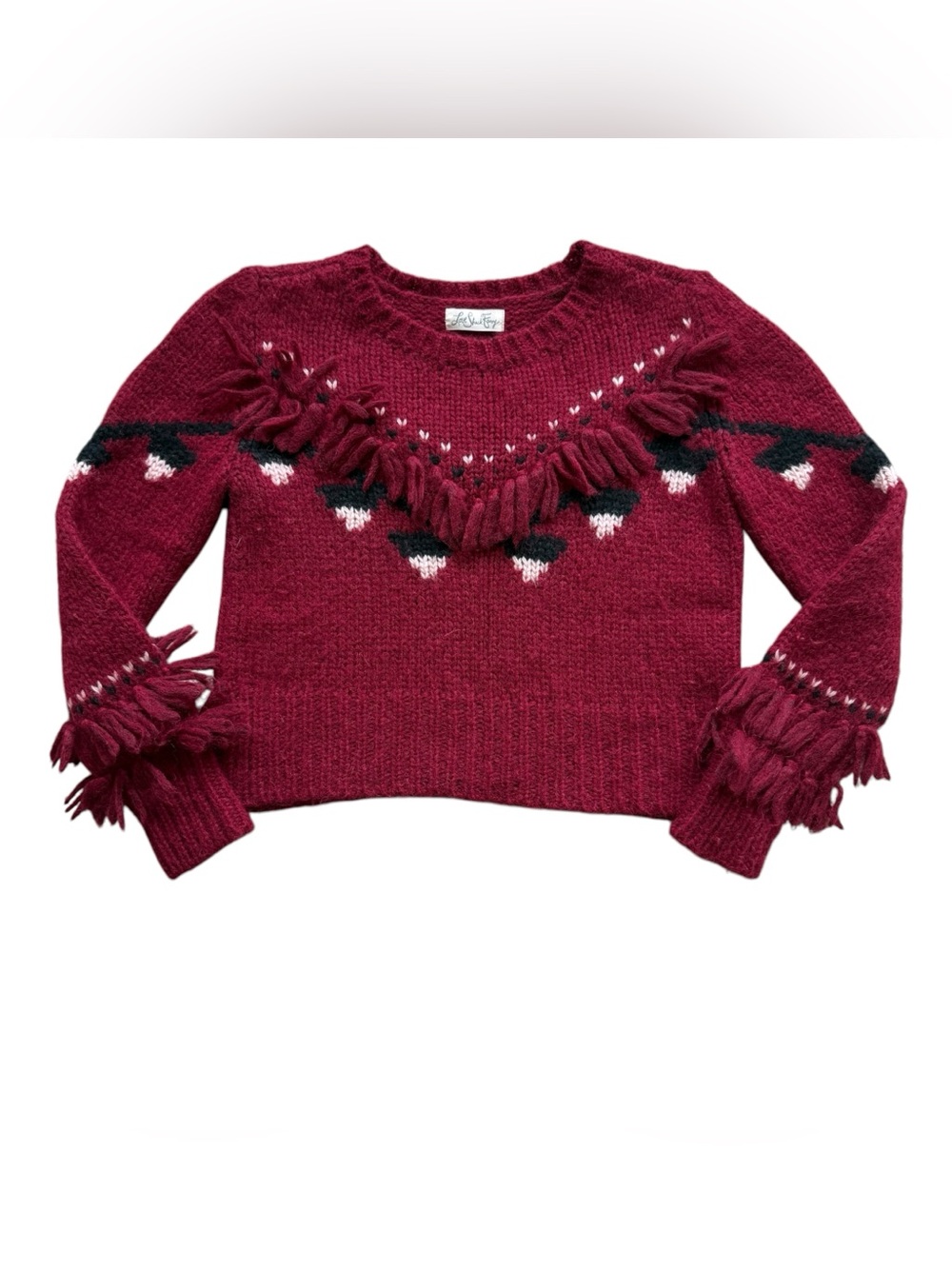 LoveShackFancy Atlas Burgundy Baby Alpaca Fringe Fair Isle Sweater XS $395 RARE